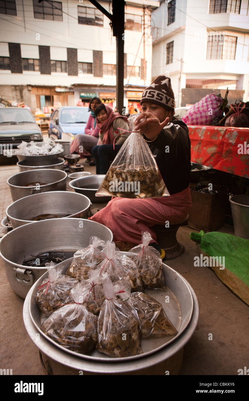 India, Nagaland, Kohima market, woman holding up plastic bag of live frogs in bazaar Stock Photo