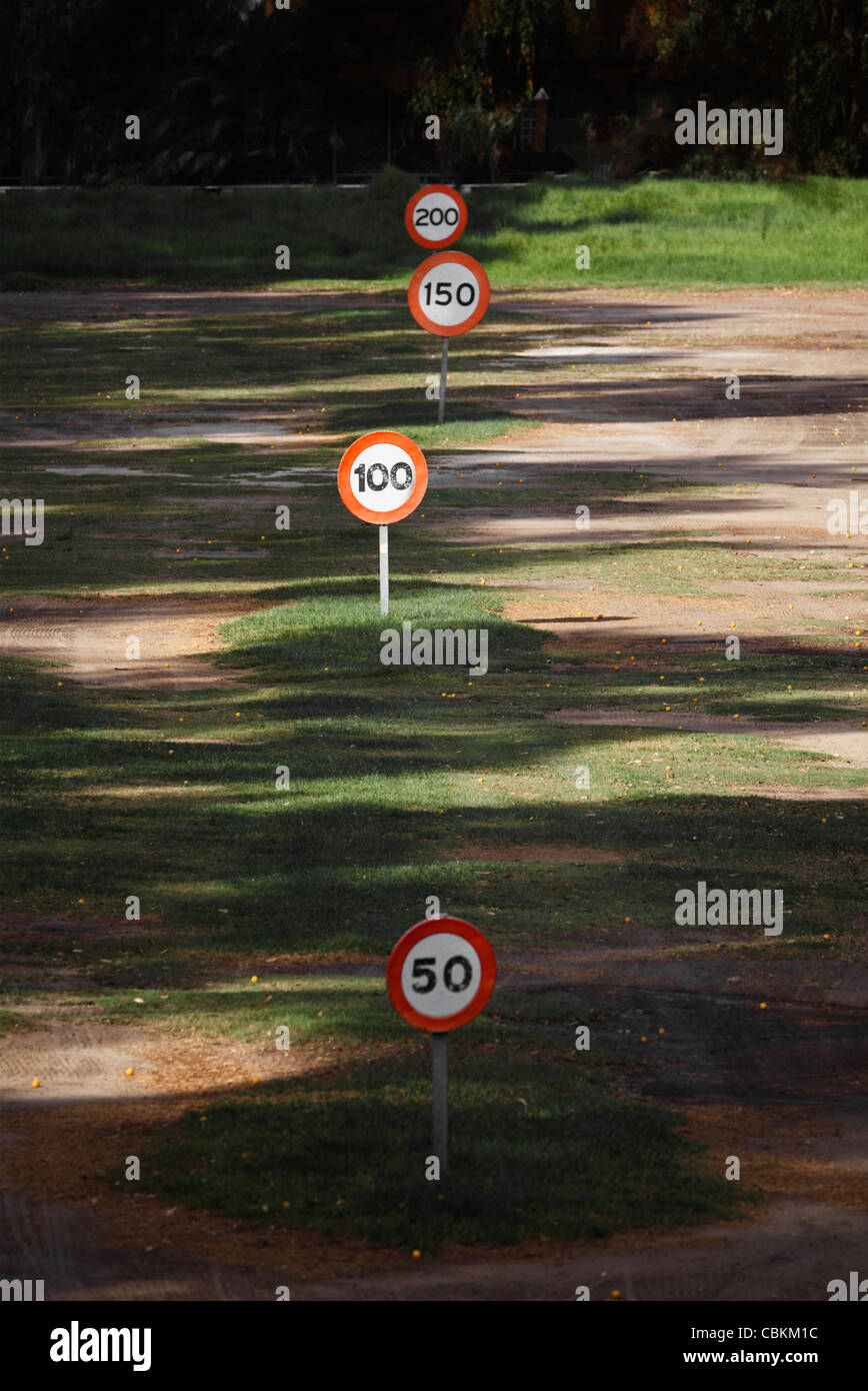Torremolinos, Malaga Province, Costa del Sol, Spain. Markers on the driving range at the Parador Golf Course. Stock Photo