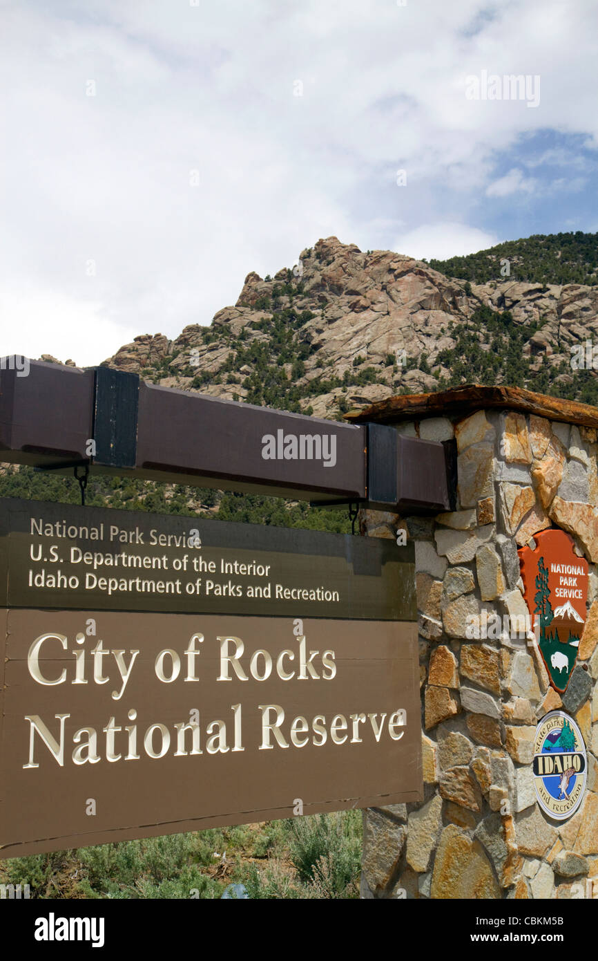 Sign marking the City of Rocks National Reserve and state park in Cassia County, Idaho, USA. Stock Photo
