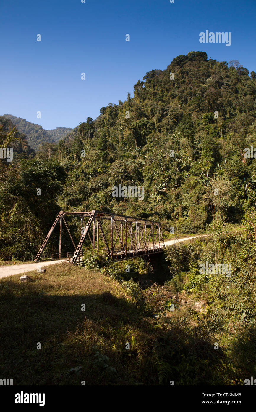 India, Arunachal Pradesh, Pasighat, old metal bridge crossing tributary of Siang, or Digang River Stock Photo