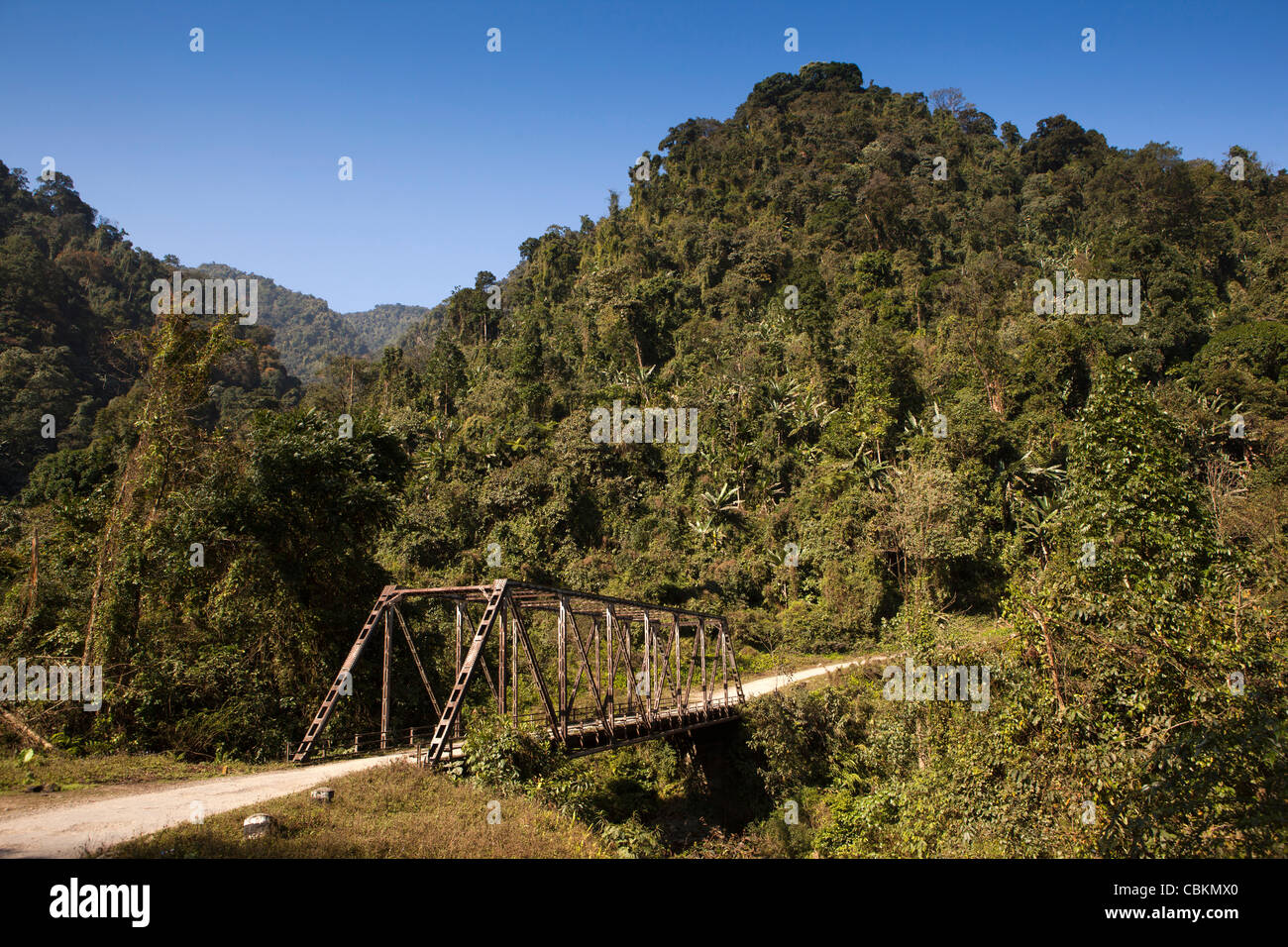 India, Arunachal Pradesh, Pasighat, old, metal bridge crossing tributary of Siang, or Digang River Stock Photo