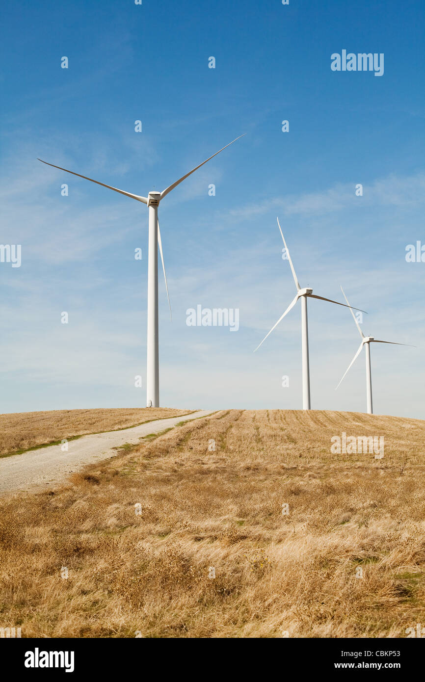 Three wind turbines in a row Stock Photo