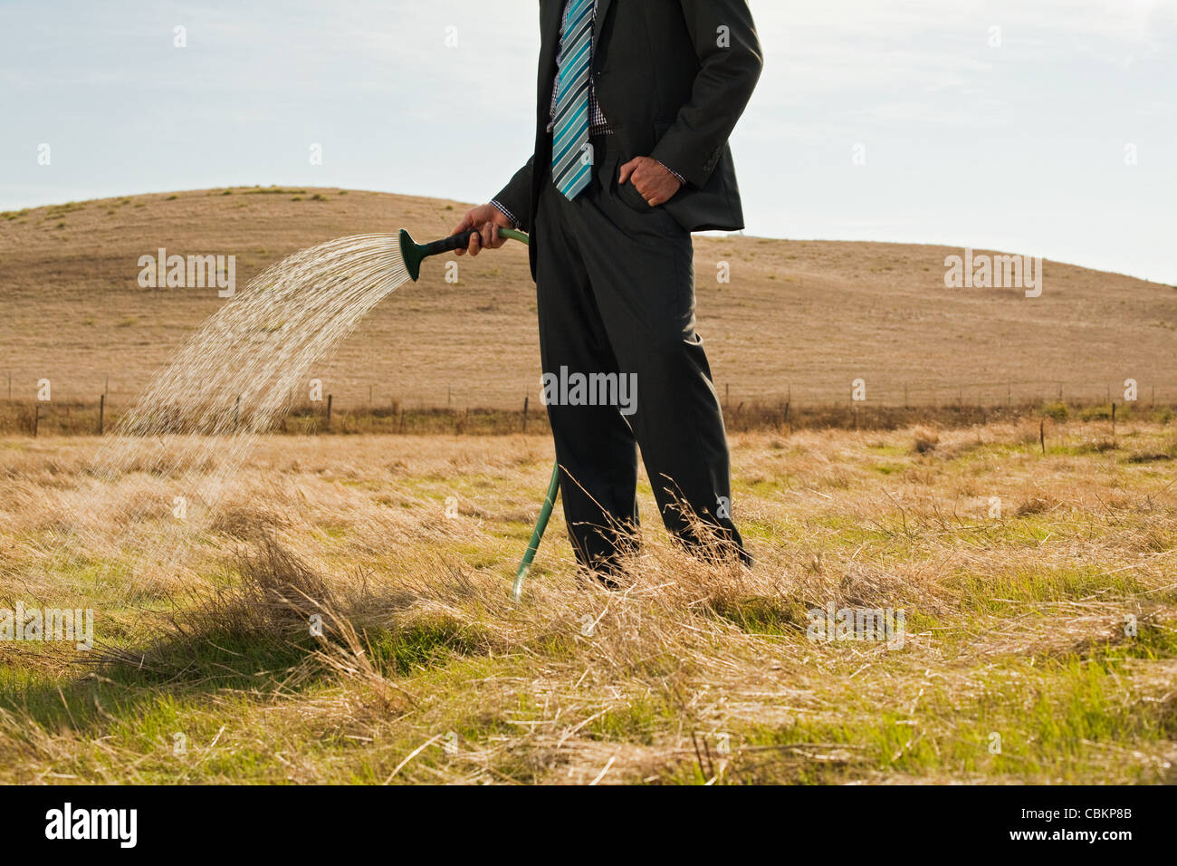 Man sprinkling water on dry grass Stock Photo