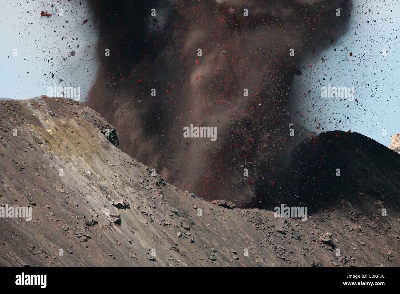 Explosive Strombolian eruption of Stromboli volcano producing ash cloud