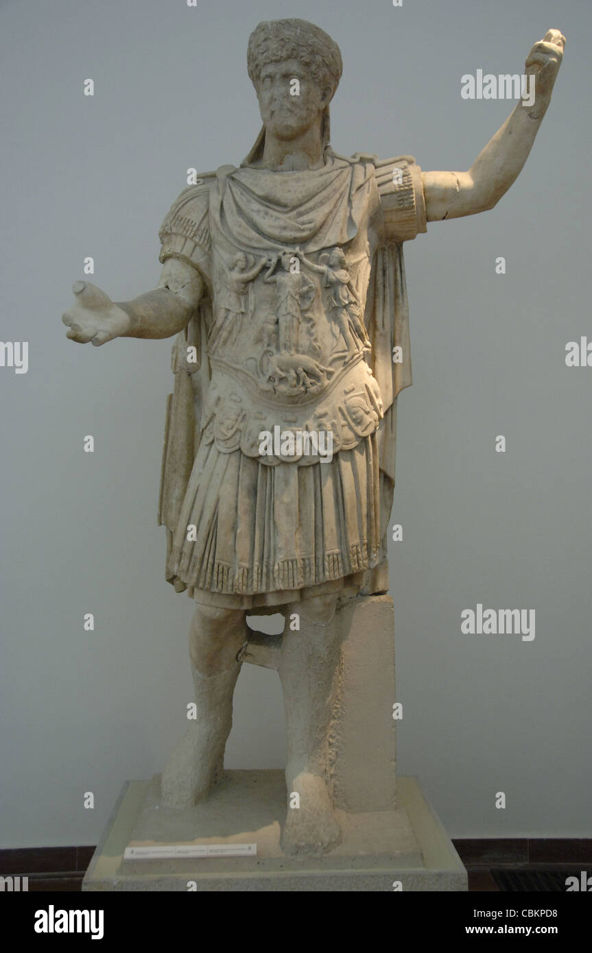 Publio Aelio Hadrian (76-138). Roman Emperor (117-138). Statue. Marble. Archaeological Museum of Olympia. Greece. Stock Photo