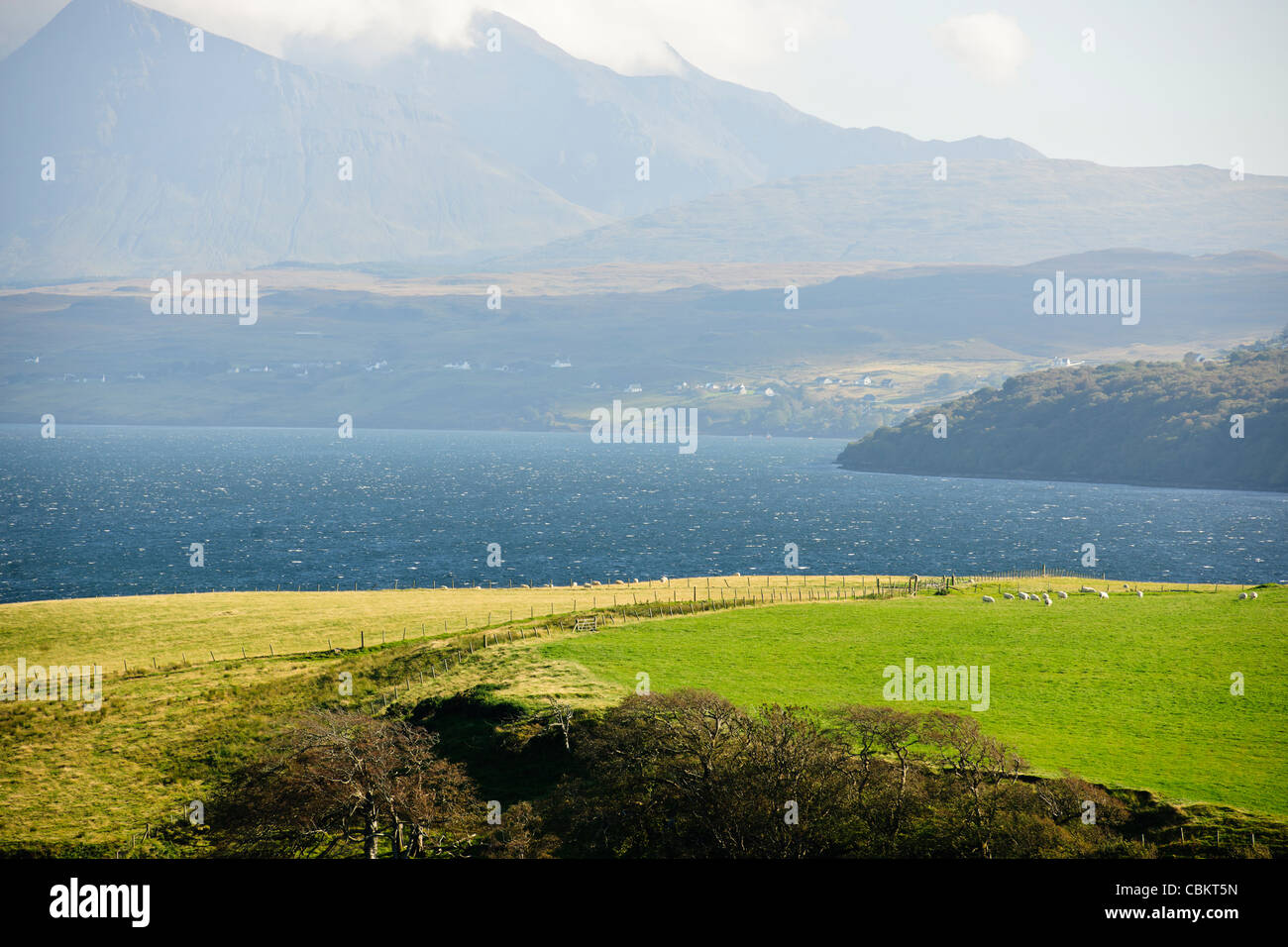 The Cuillin Hills,Black Hills,The main industries are tourism, agriculture, Loch Harport,Isle of Sky,Scottish Highlands,Scotland Stock Photo