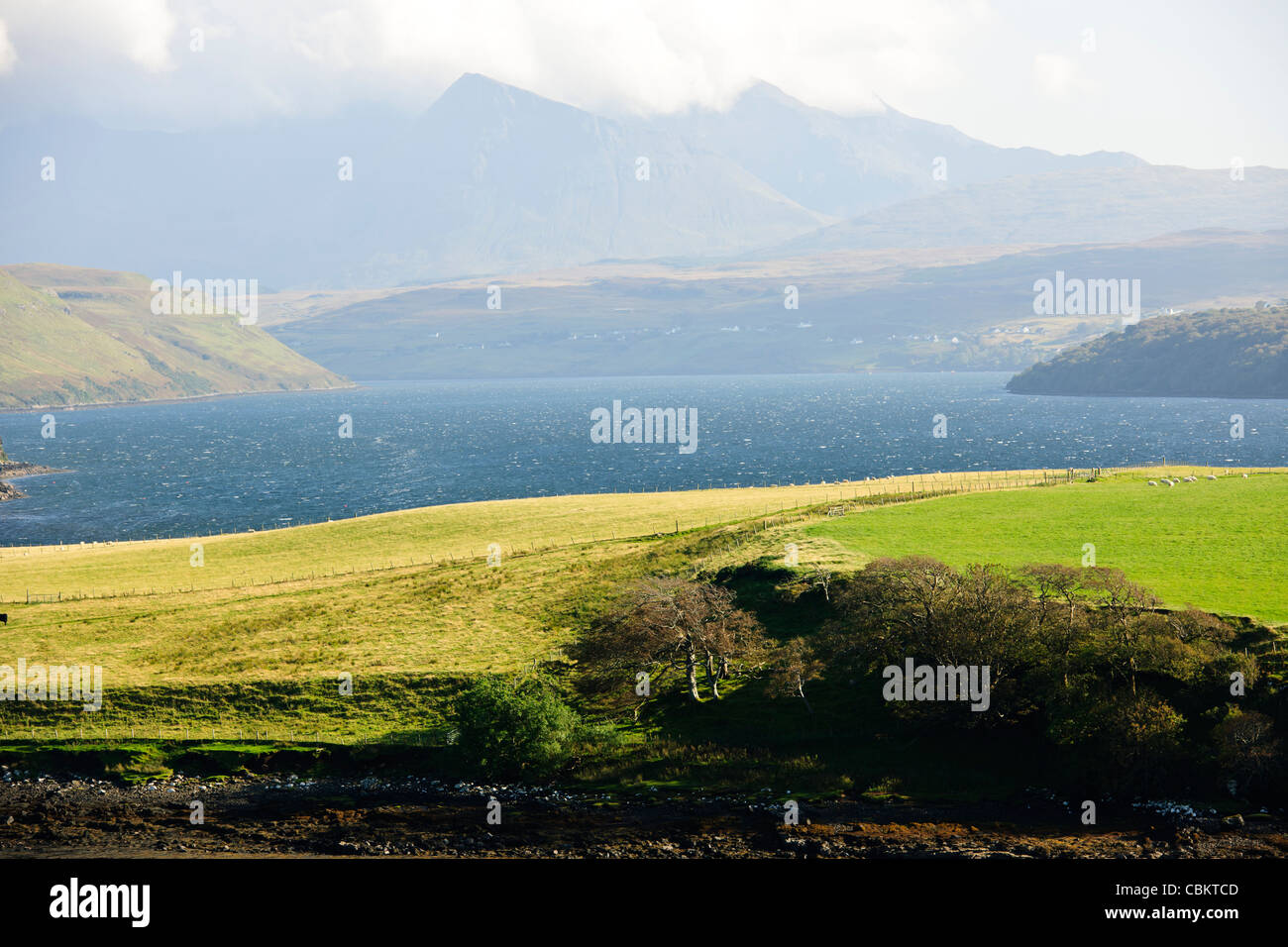 The Cuillin Hills,Black Hills,The main industries are tourism, agriculture, Loch Harport,Isle of Sky,Scottish Highlands,Scotland Stock Photo