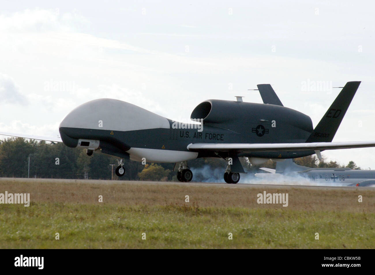 NORDHOLZ AIR BASE, Germany (AFPN) -- A Global Hawk unmanned aerial vehicle lands here after a demonstration sortie. The vehicle returned to Edwards Air Force Base, Calif., Nov. 7. Stock Photo