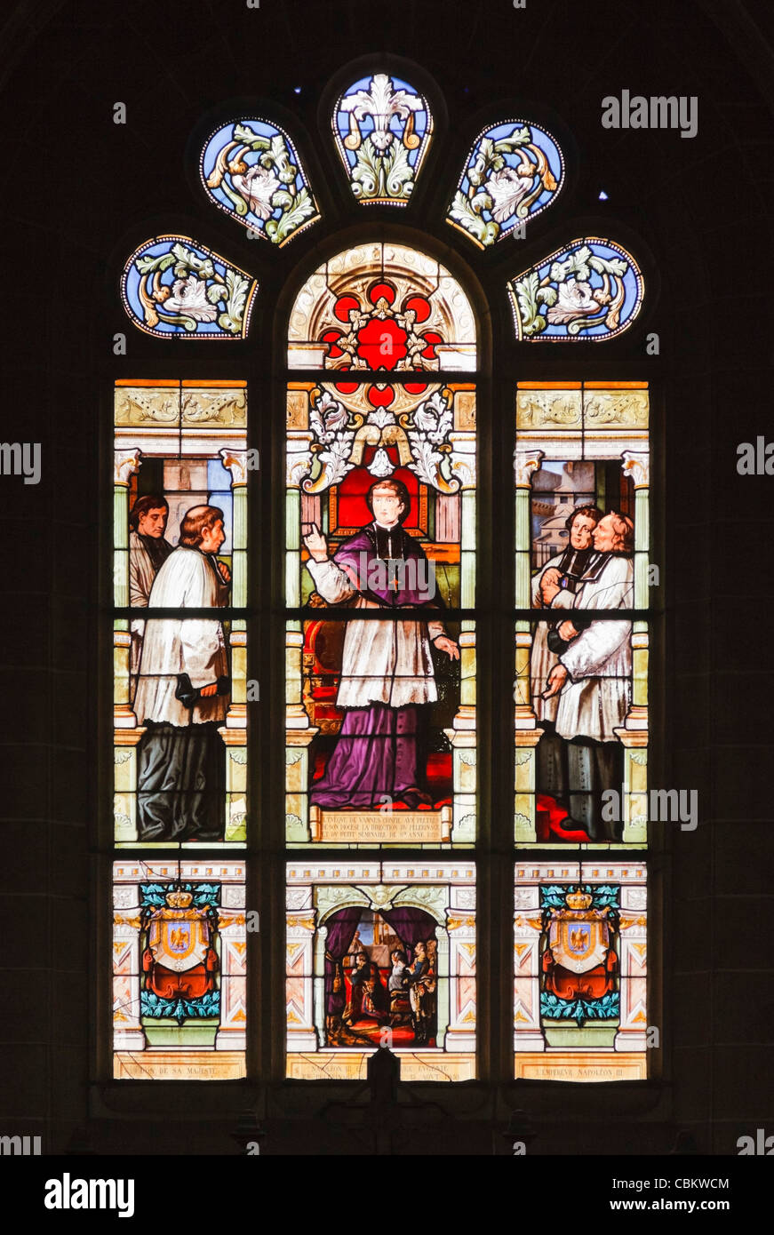 Stained glass window in the Basilica at St Anne dAuray, Morbihan, Brittany, France Stock Photo