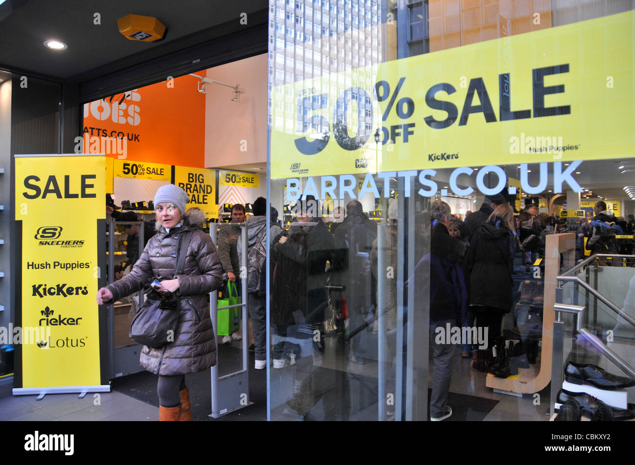 Barratts Oxford Street London shoe shop closing down sale Christmas discounts sales Stock Photo