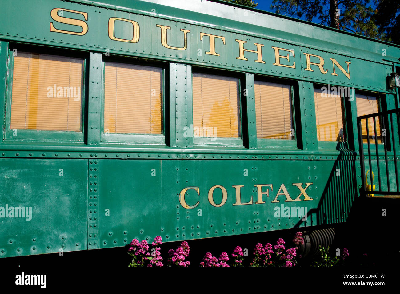 Railroad car on display in historic mining town of Colfax California
