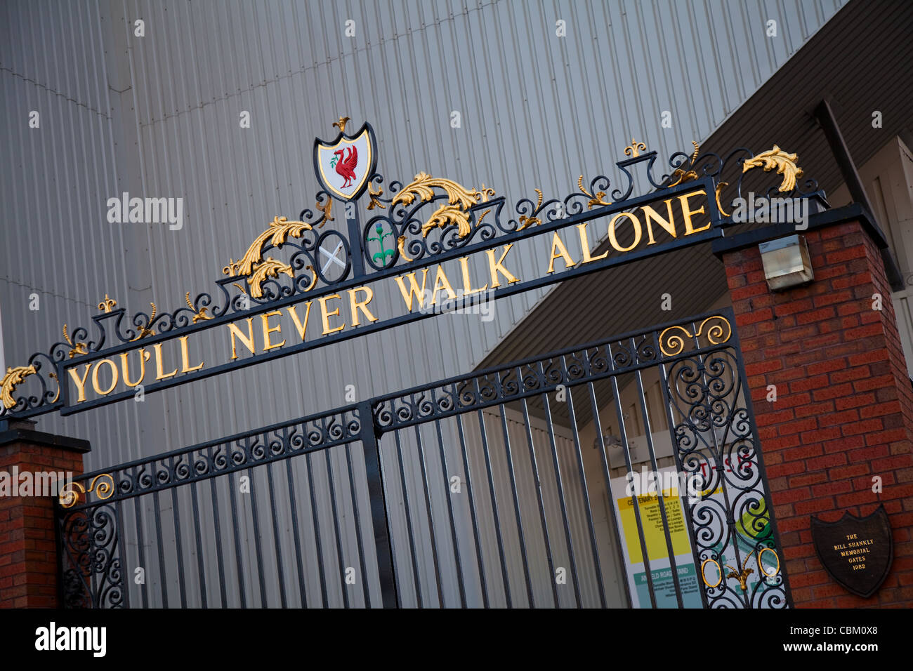 Shankly Gates and You'll Never Walk Alone at Anfield  Liverpool Football Club, Merseyside, UK Stock Photo