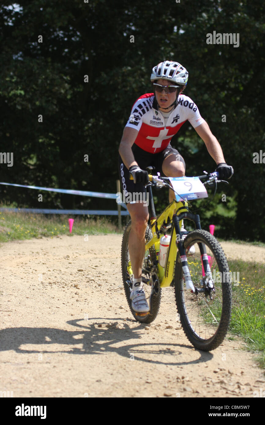 Esther Suess Switzerland at the Hadleigh Farm Mountain Bike Invitational womens event as part of the 'London Prepares' series. Stock Photo