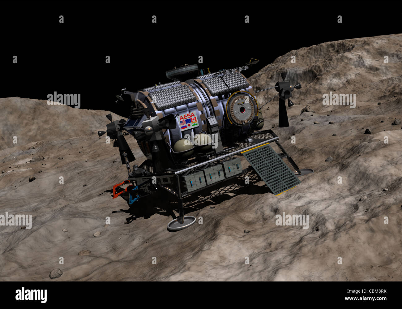 A manned Asteroid Lander on the surface of an asteroid. Stock Photo