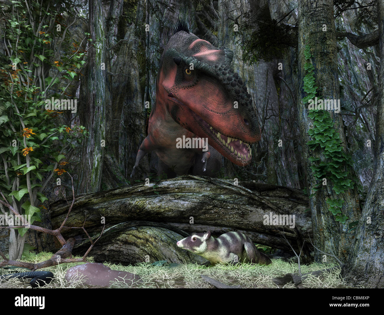 A rat-sized Purgatorius hides from a Bistahieversor dinosaur in a cretaceous forest. Stock Photo