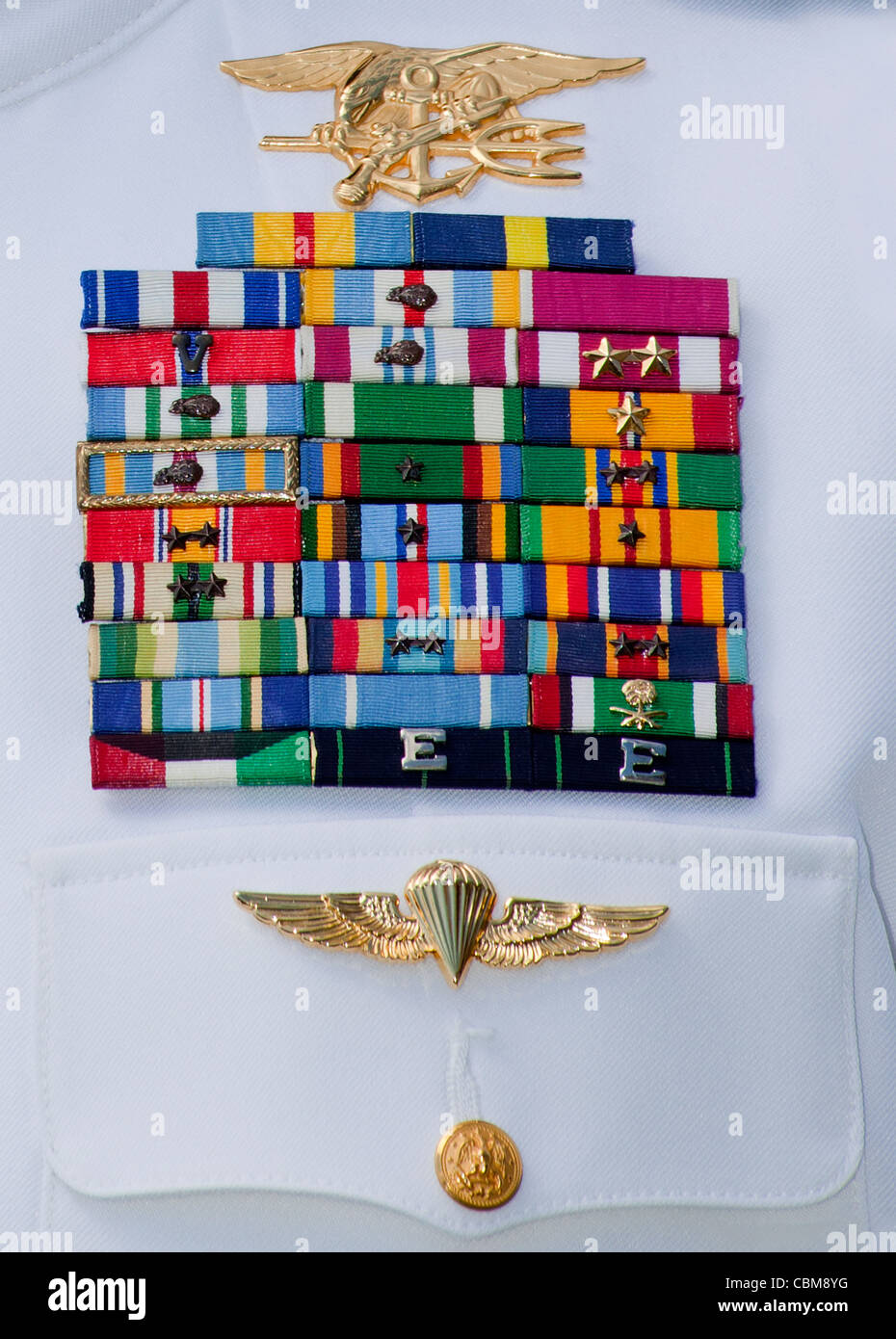 Close-up view of military decorations and honors on an Admiral's Dress White uniform. Stock Photo