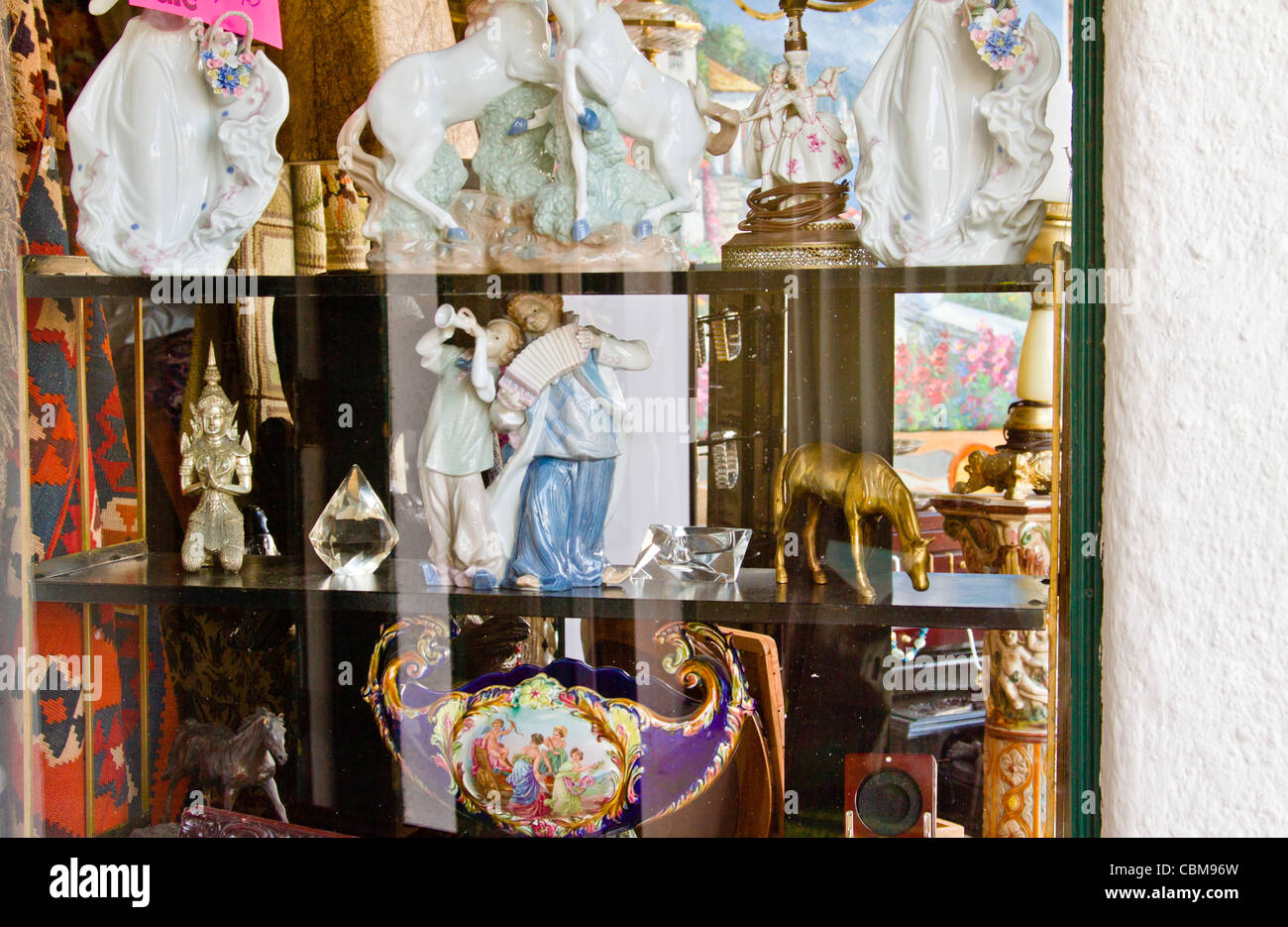 Curios in shop window in 'Santa Barbara', California Stock Photo