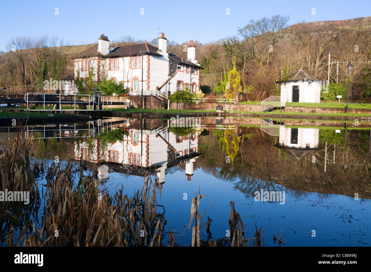 The Forth and Clyde Canal at Bowling, West Dunbartonshire, Scotland. Stock Photo