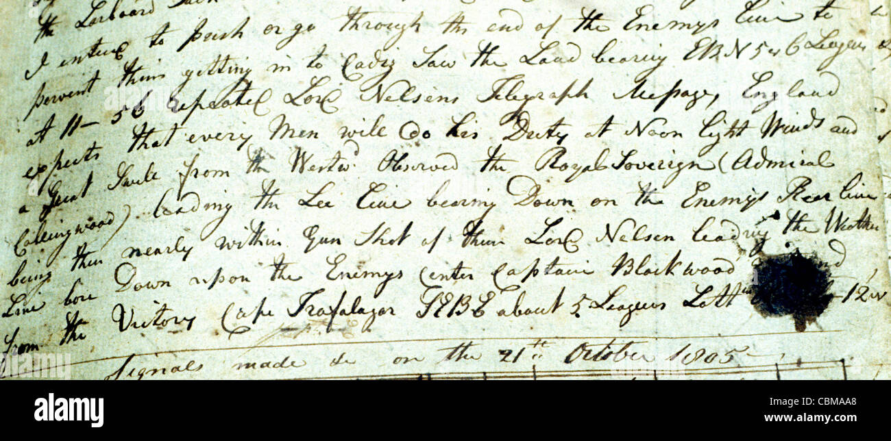 Nelson, England Expects that every man will do his Duty, log of HMS Eurylaus recording the receipt of Nelson's signal message Stock Photo