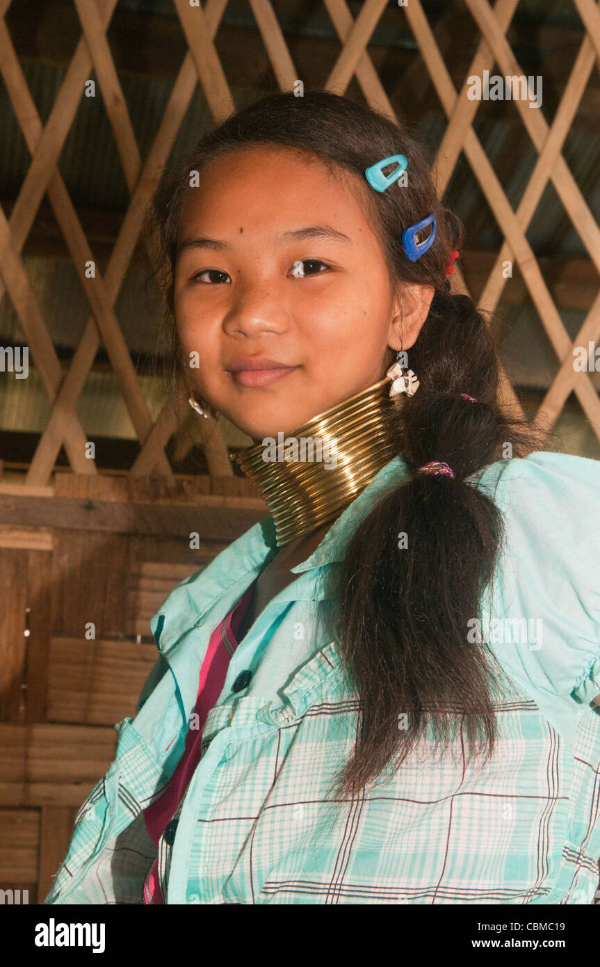 Mo Ji, one of the last young Padaung (Longneck Karen) girls to wear the brass coils, in Ban Nai Soi, Thailand Stock Photo