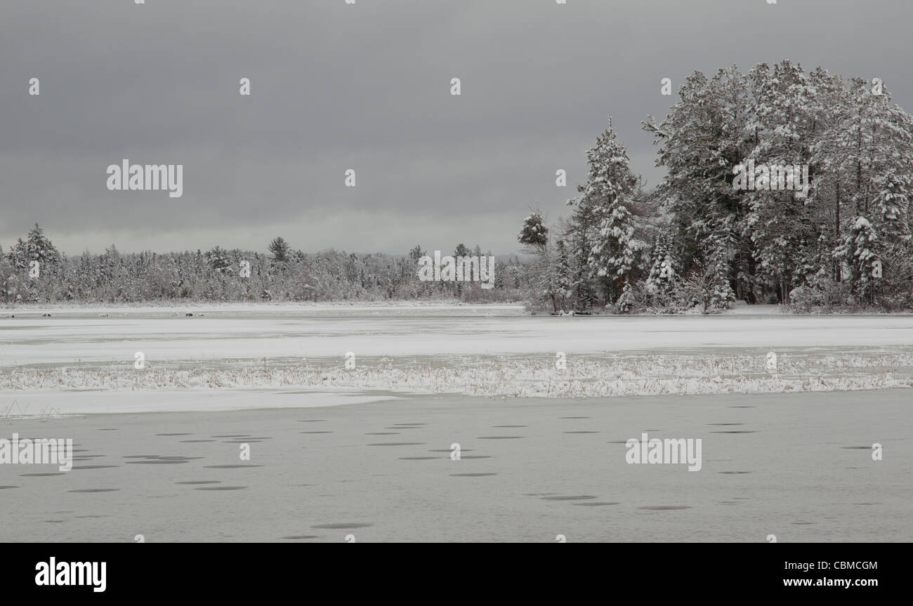 A picture of an ice and snow covered Wisconsin River Flowage after a December snowstorm in