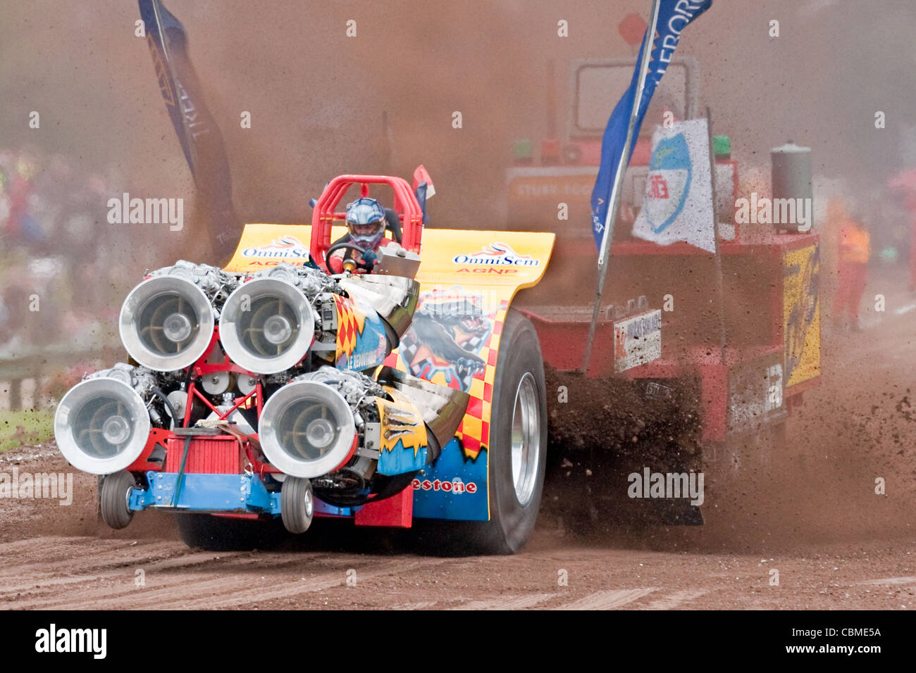 No fewer than four jet engines power this monster machine competing in a tractor  pulling contest Stock Photo