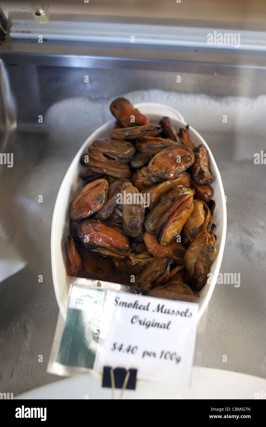 Smoked mussels for sale at The Coromandel Smoking Company, Coromandel Town. North Island, New