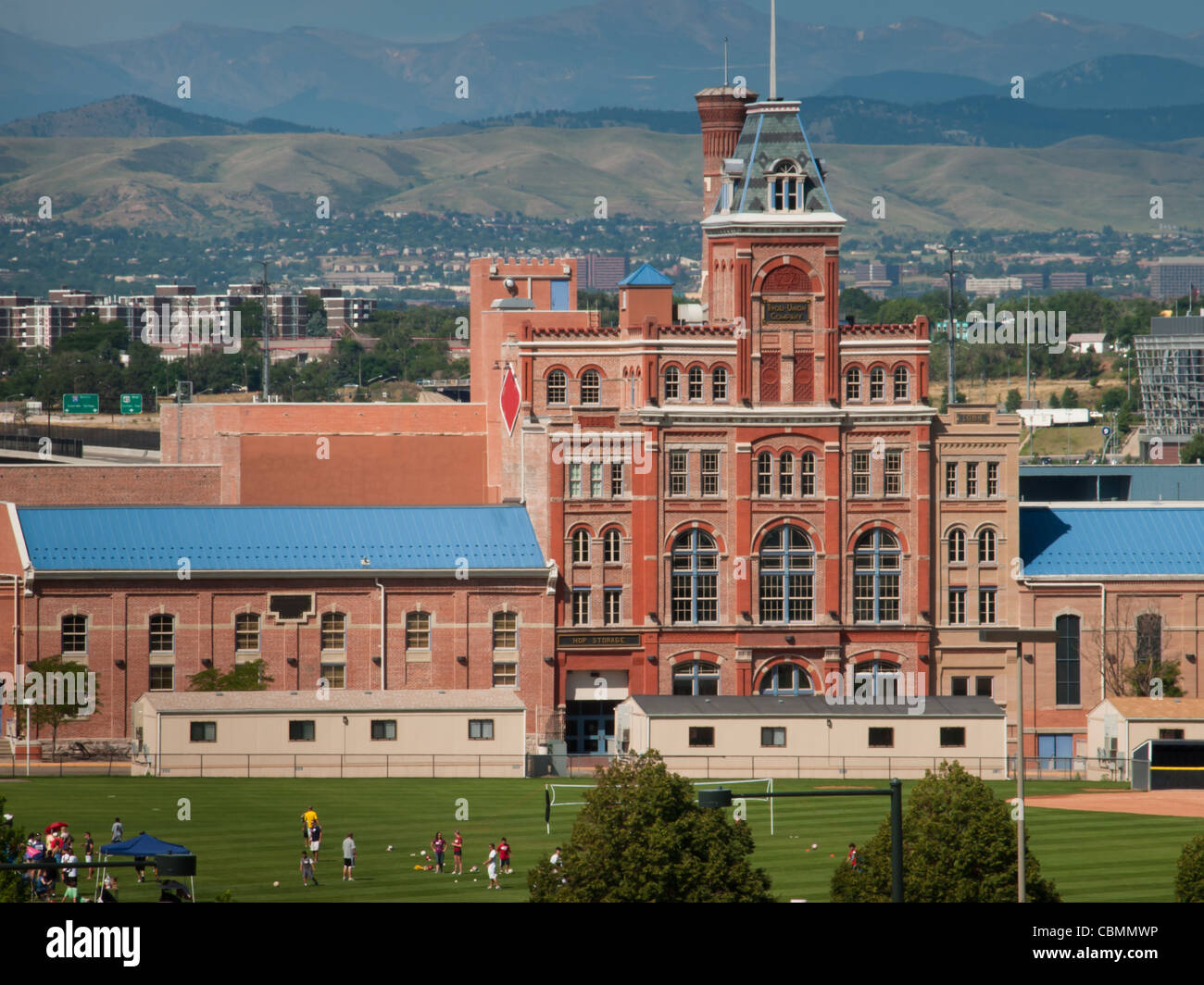 Old brick building with mountain view. Auroria campus in Denver