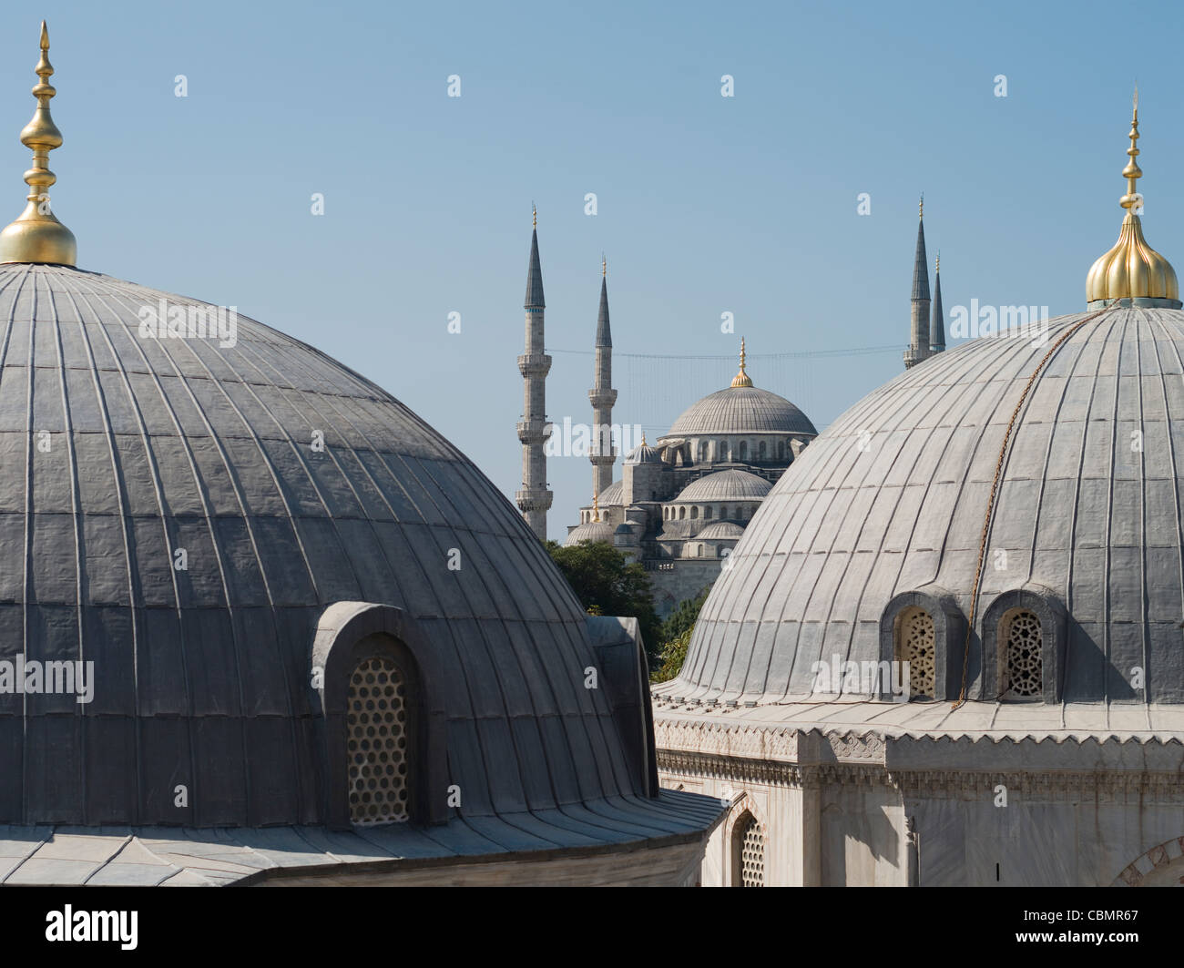 Looking out from Hagia Sophia ( Aya Sofya ) towards Sultan Ahmed Mosque ( Blue Mosque ) Stock Photo