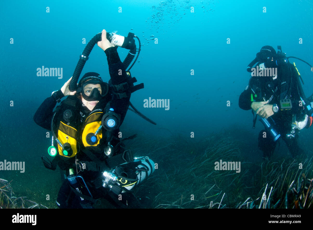 Rebreather Divers practising exercises, Ischia, Mediterranean Sea, Italy Stock Photo