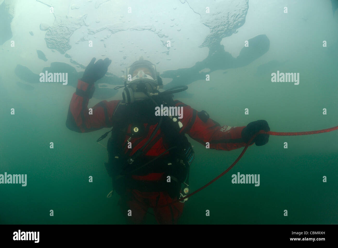 Ice Diving with Fullface Mask, Krog, Murska Sobota, Slovenia Stock Photo