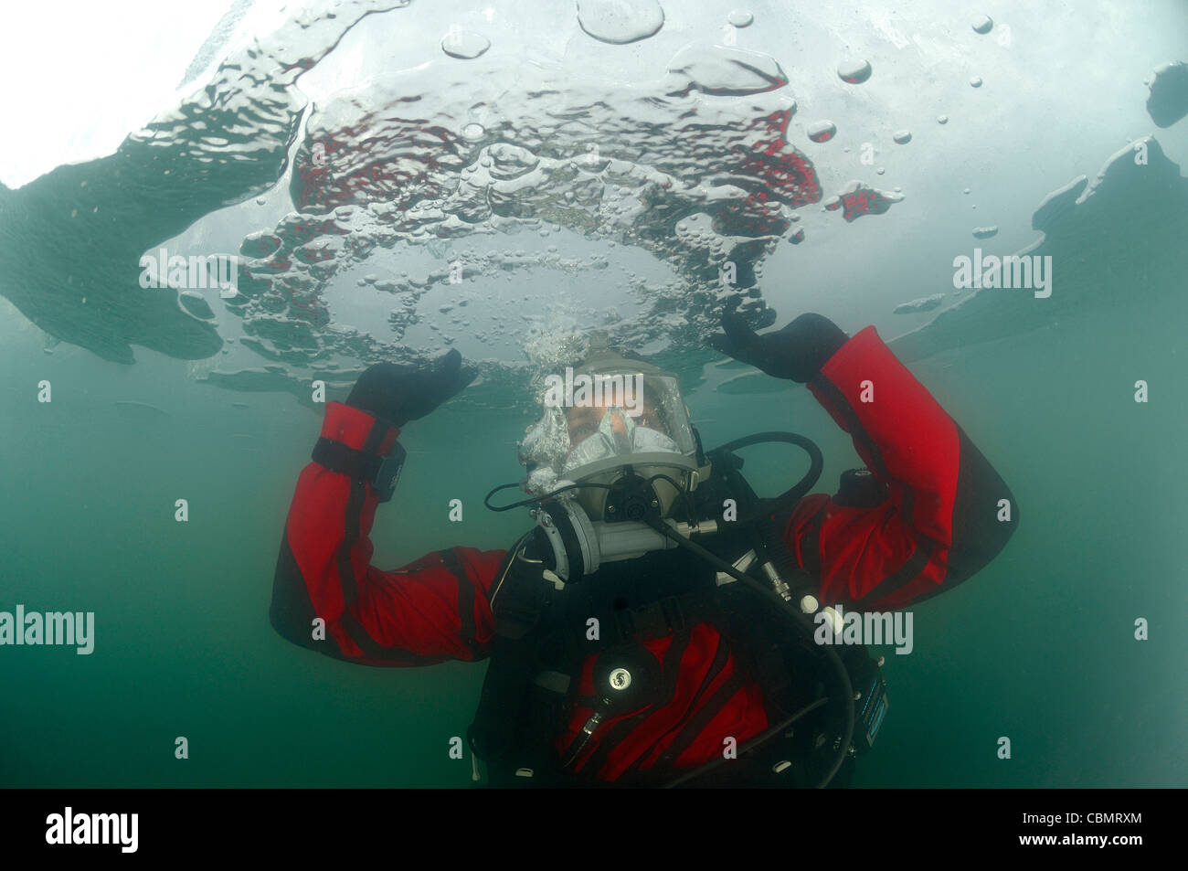 Ice Diving with Fullface Mask, Krog, Murska Sobota, Slovenia Stock Photo