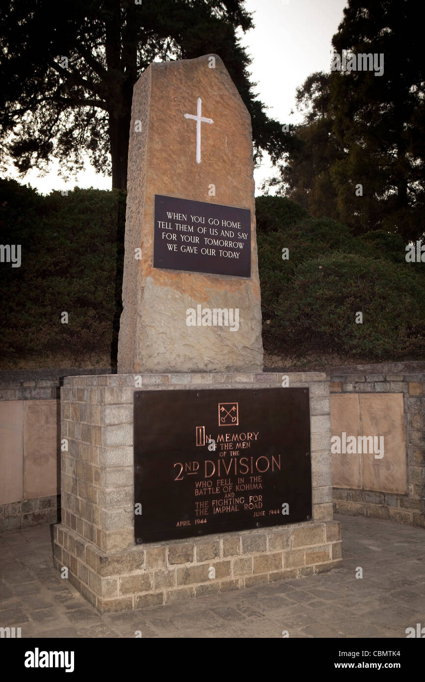 India, Nagaland, Kohima, War Cemetery Memorial to 2nd division soldiers killed in Battle for Imphal Road Stock Photo