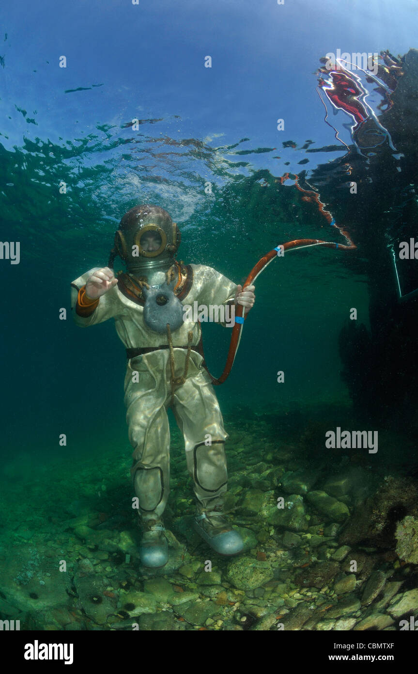 Helmet Diver under Water, Piran, Adriatic Sea, Slovenia Stock Photo