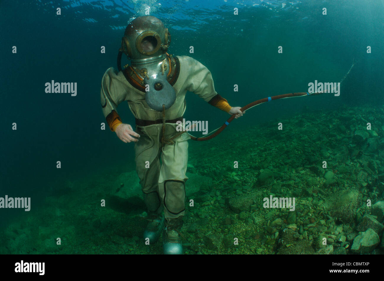 Helmet Diver under Water, Piran, Adriatic Sea, Slovenia Stock Photo