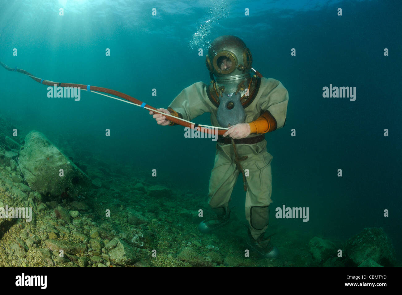 Helmet Diver under Water, Piran, Adriatic Sea, Slovenia Stock Photo