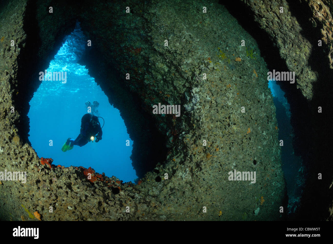Cave Diving in Mediterranean Sea, Solta Island, Adriatic Sea, Croatia Stock Photo