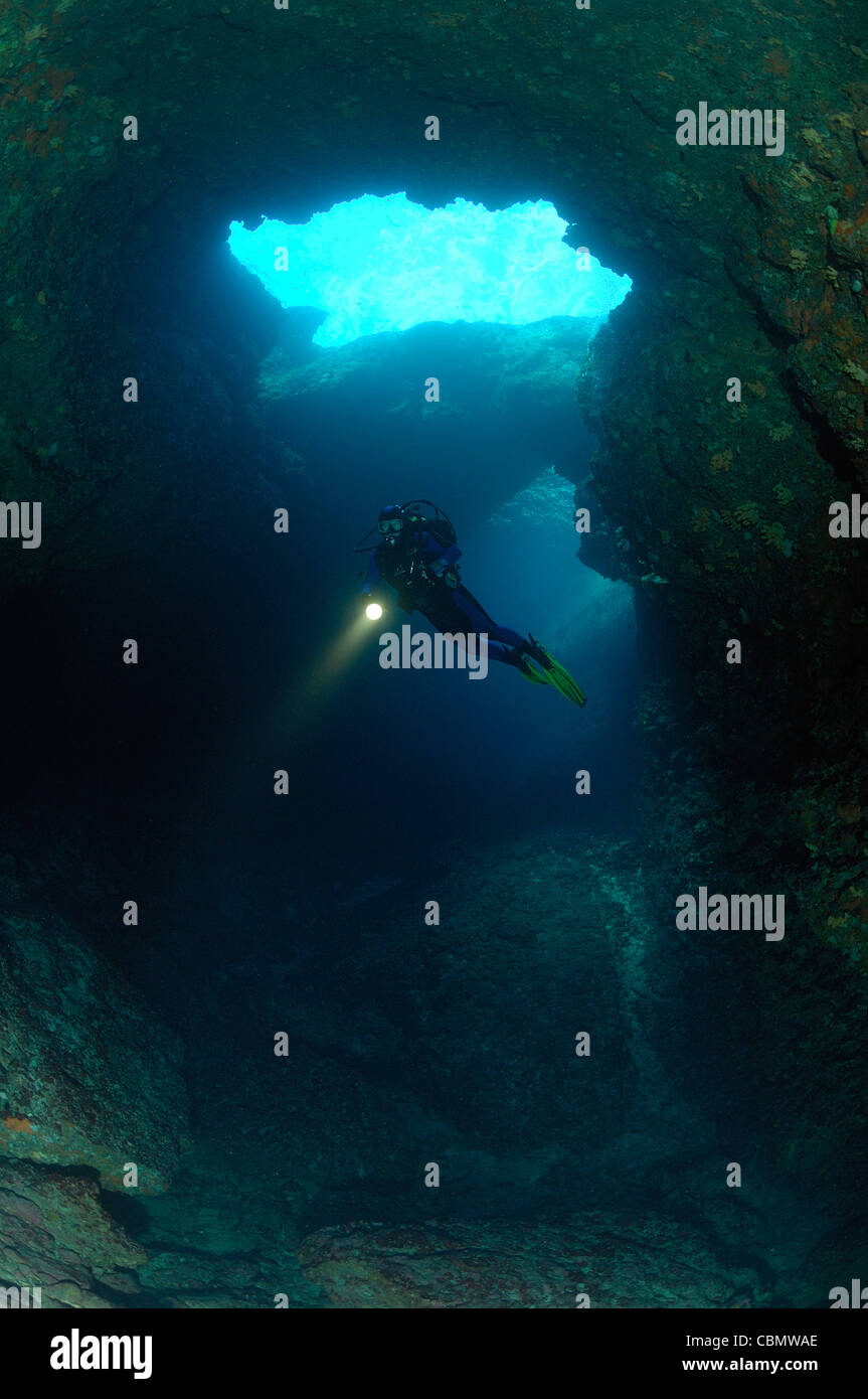 Cave Diving in Mediterranean Sea, Korcula Island, Adriatic Sea, Croatia Stock Photo