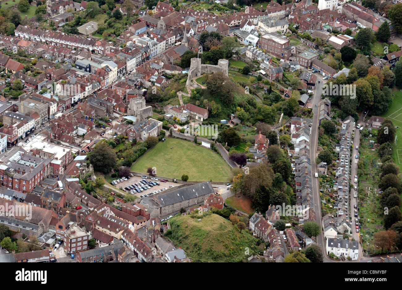 Aerial view of Lewes Castle and bowling green East Sussex Stock Photo