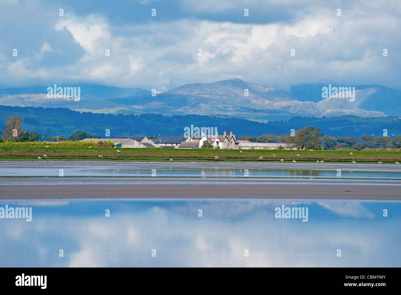Looking across Kent estuary from Arnside, to Lakeland mountains, Cumbria, England Stock Photo