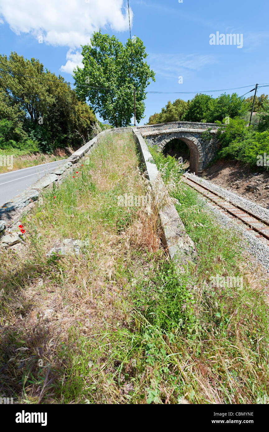 Overgrown path leading to bridge going over railroad track Stock Photo