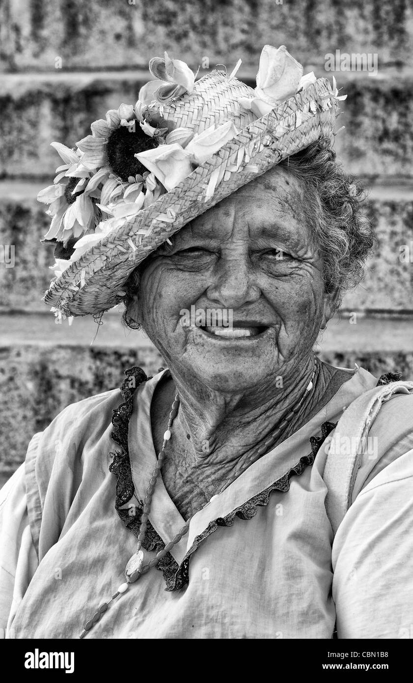 Old woman smiling portrait in downtown central Havana Cuba Stock Photo