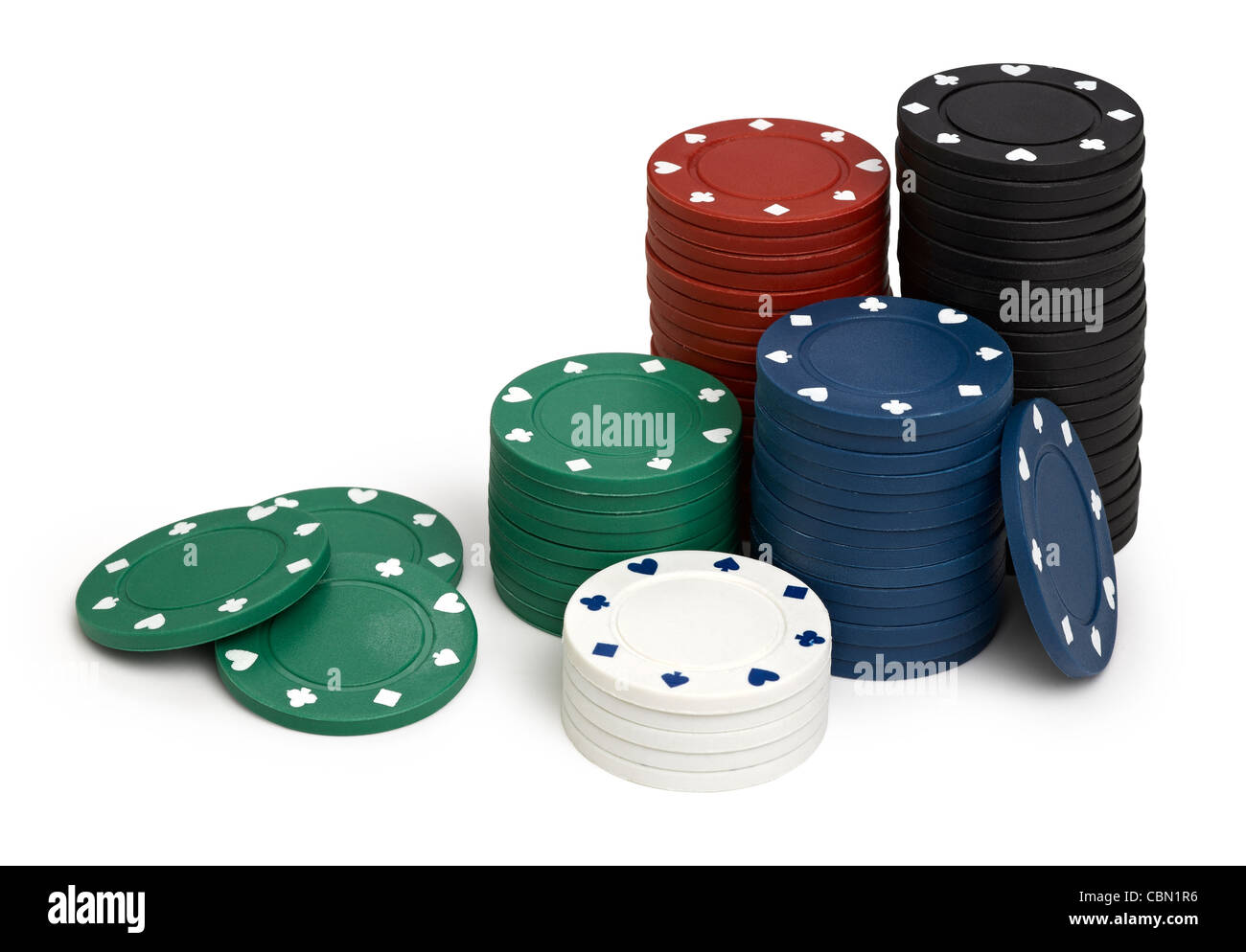 Red,black,green,blue and white casino tokens, isolated on white background Stock Photo