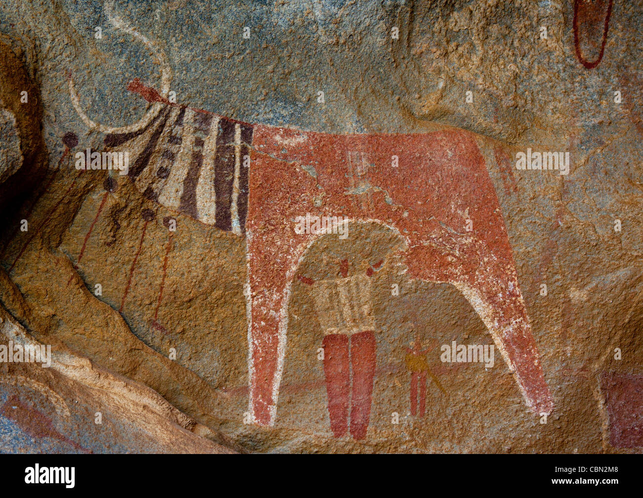 Laas Geel Rock Art Caves, Paintings Depicting Cows And Human Beings Somaliland Stock Photo