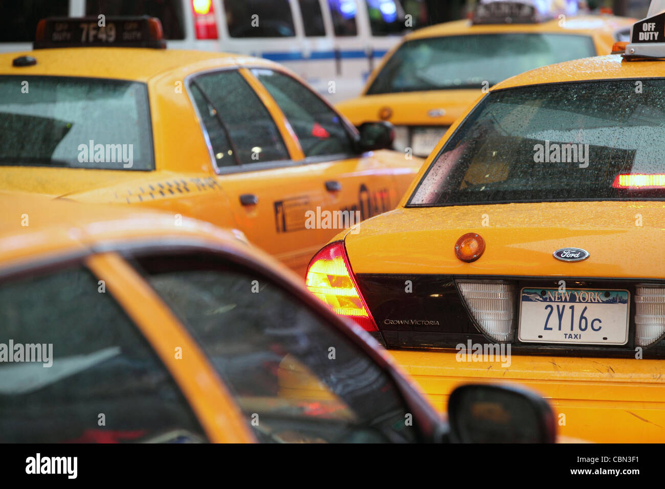 Yellow Taxi Cabs queuing in heavy traffic, Times Square, New York City