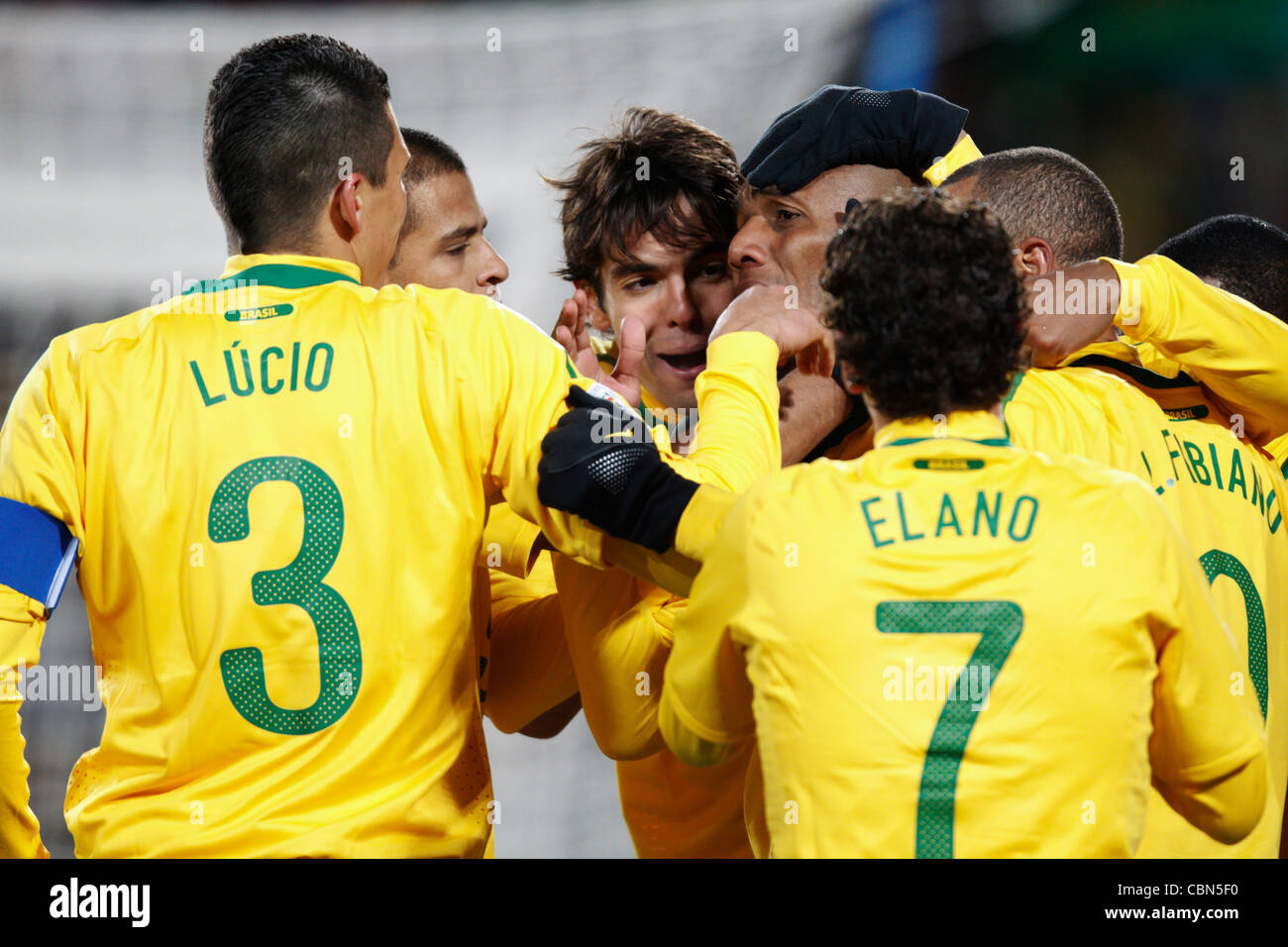 Brazil players celebrate after a goal by Maicon during a FIFA World Cup match against North Korea at Ellis Park Stadium. Stock Photo