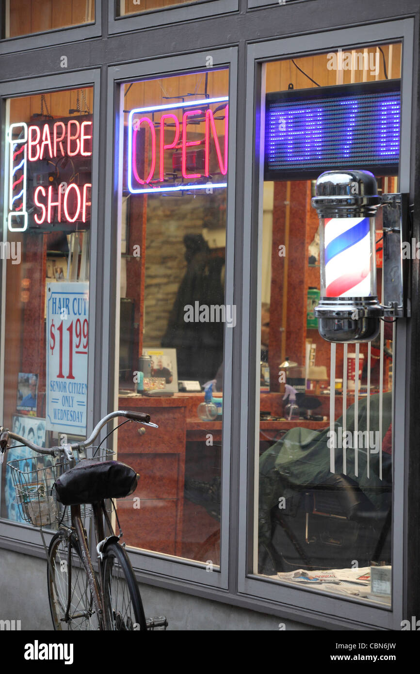 Barber shop window, SoHo, Manhattan, New York City, NYC, USA Stock Photo
