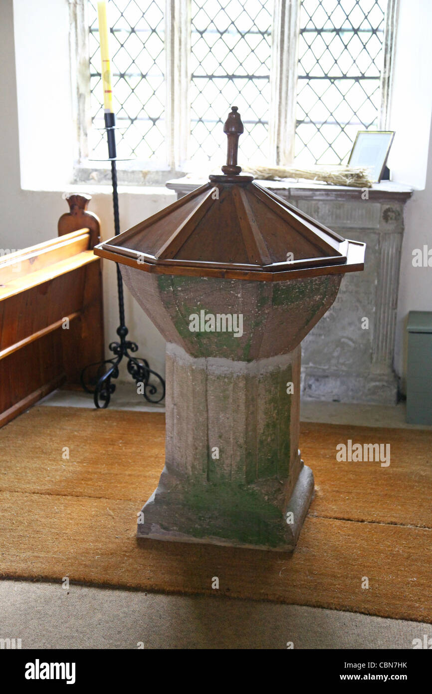 The baptismal font in Penallt old church in Monmouthshire Wales Stock Photo