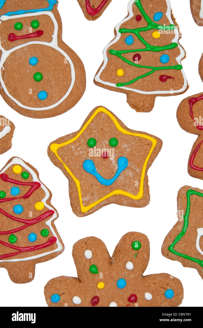 Closeup of cute, colorful gingerbread cookies on white background Stock Photo
