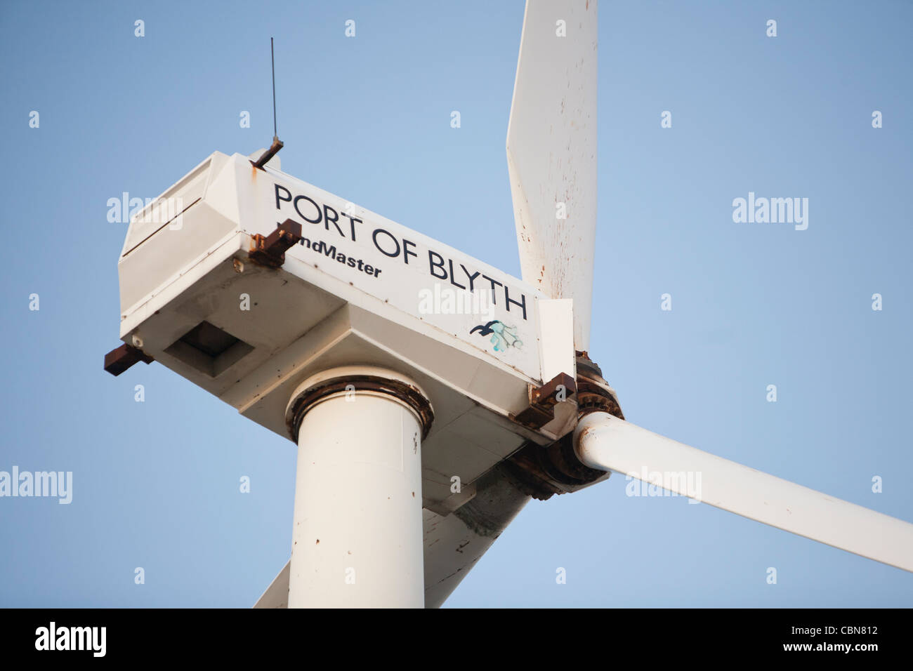 Wind turbines on the harbor at Blyth in Northumberland, UK. Stock Photo